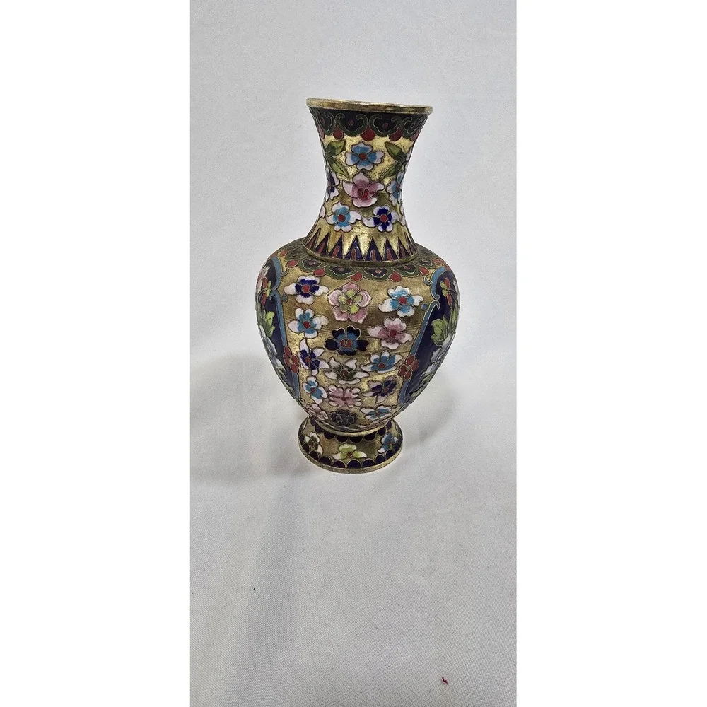 Vintage Champleve raised wire cloisonne enamel metal vase hand painted asian art